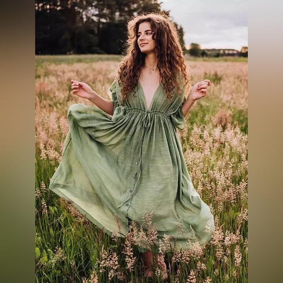 Lena Vie Boutique Dresses & Skirts - Bohemian Green Long Gauze Boho Shell Button Flutter Maxi Dress, Beach Dress